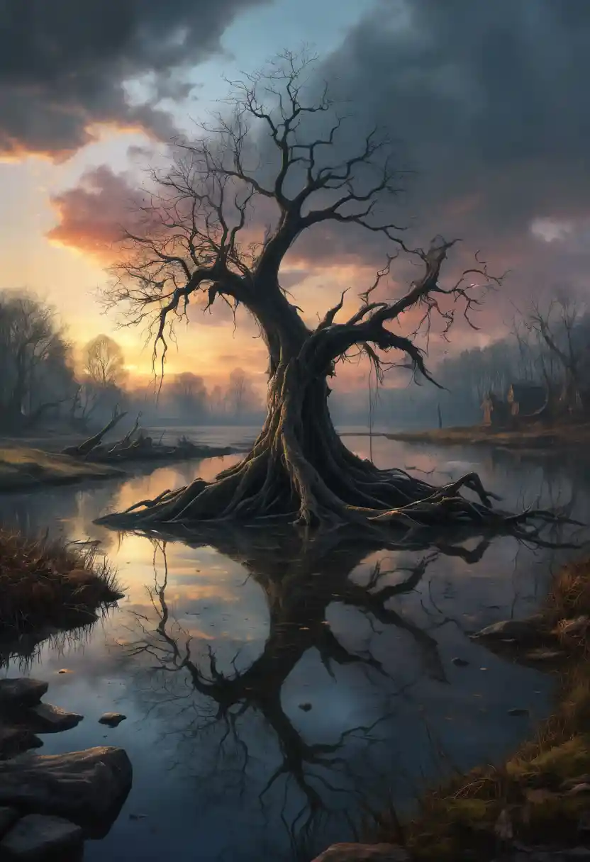 Twisted dead tree by a rocky pond at dark sunset