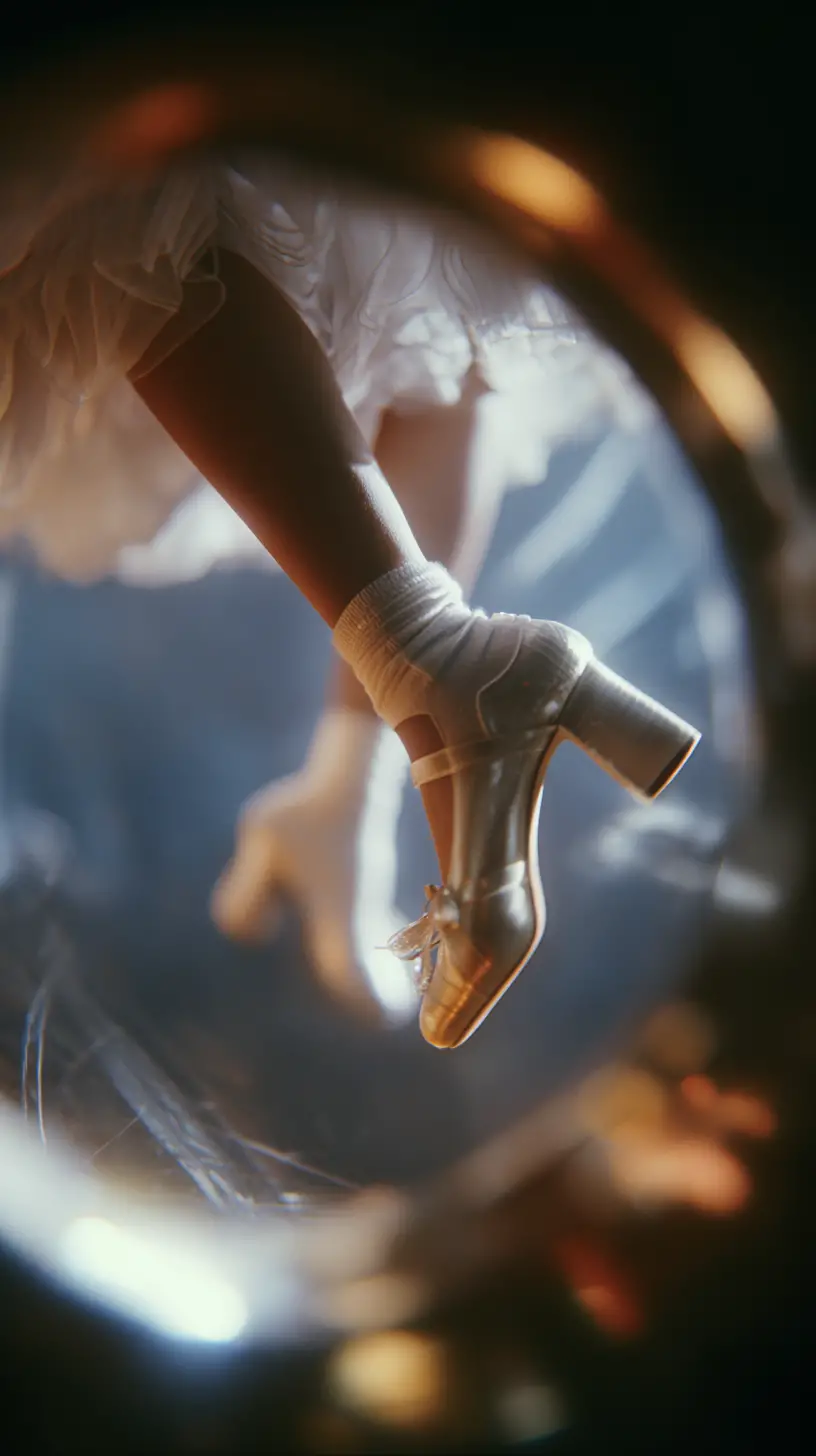 Woman dancing above transparent surface seen from below