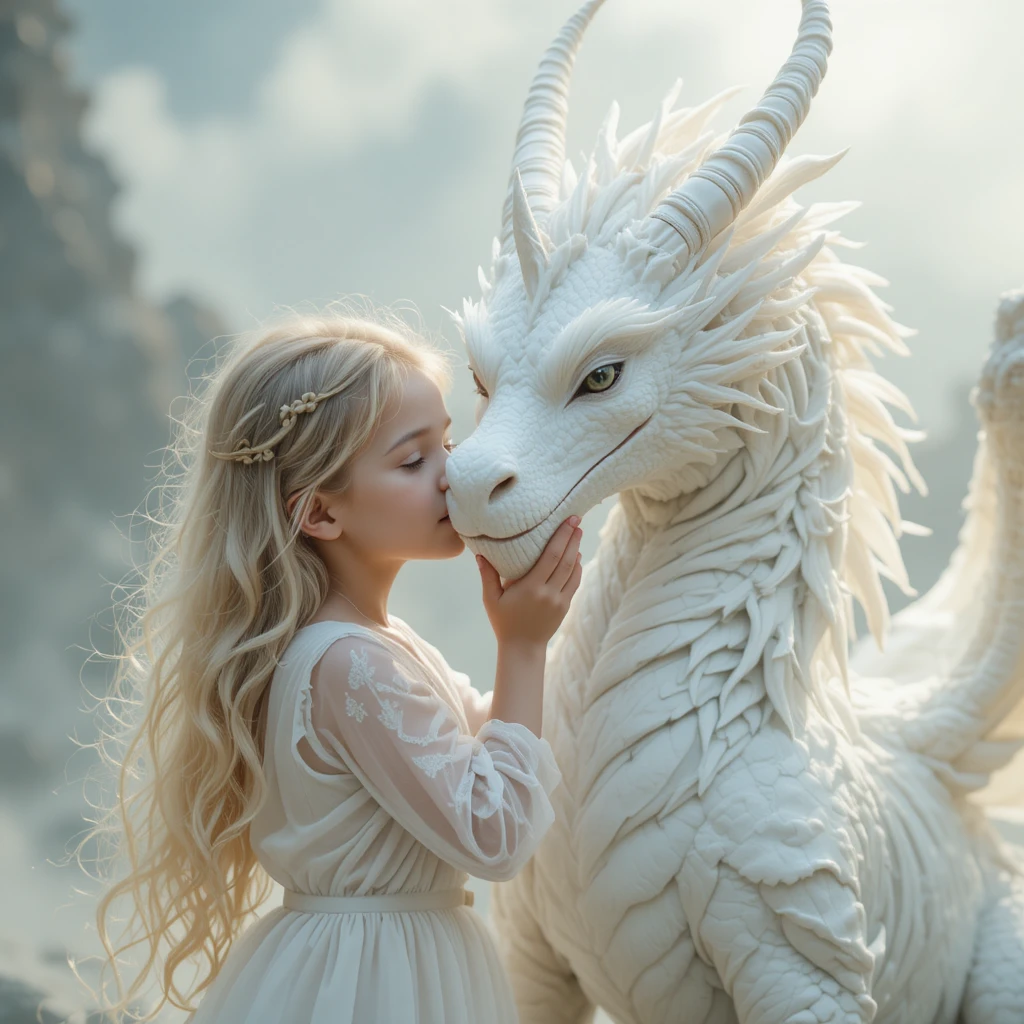 Girl Gently Embracing A Wise White Dragon In Heaven