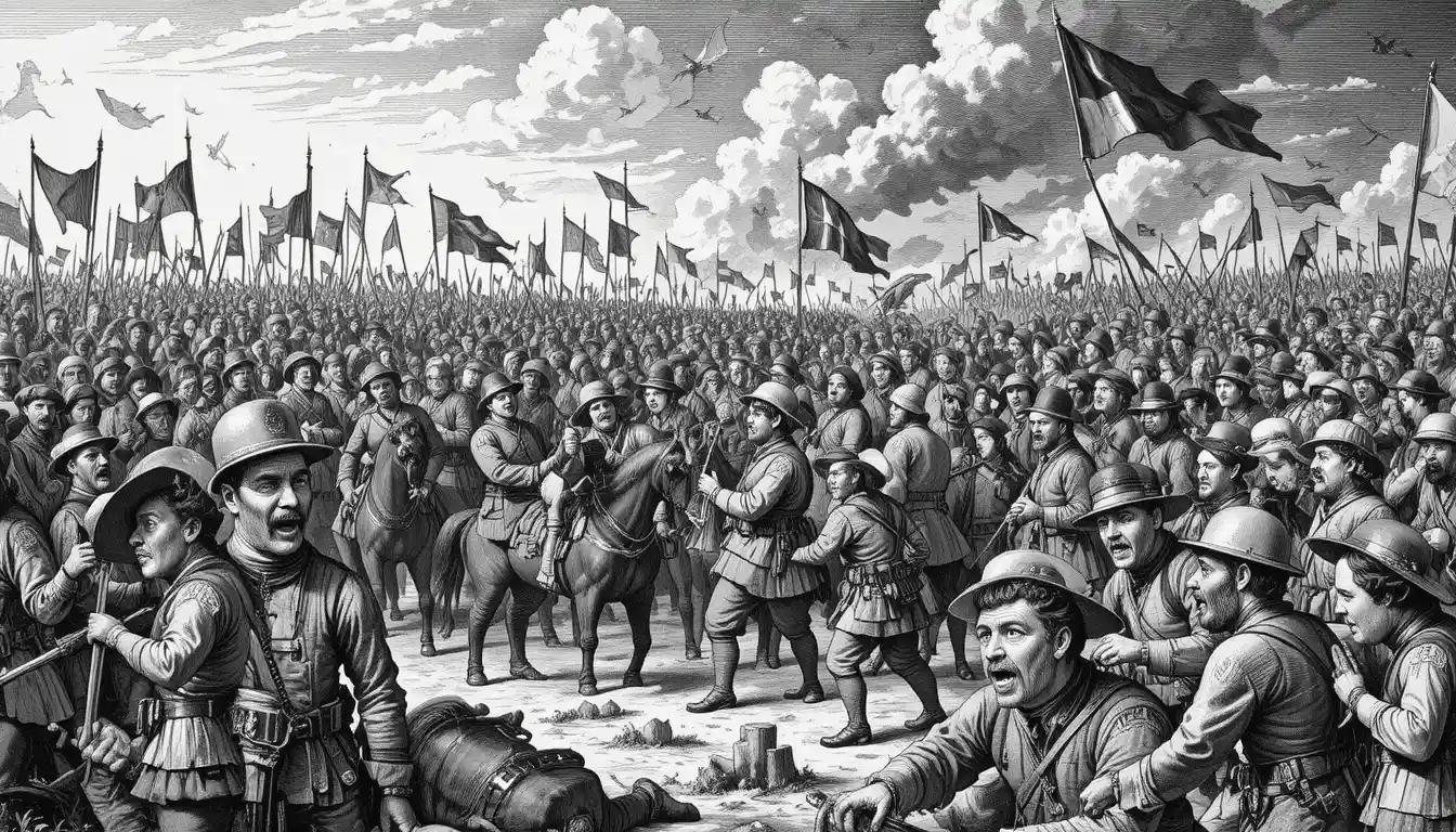 Chaotic Battle Scene With Soldiers And Horses In Engraved Style