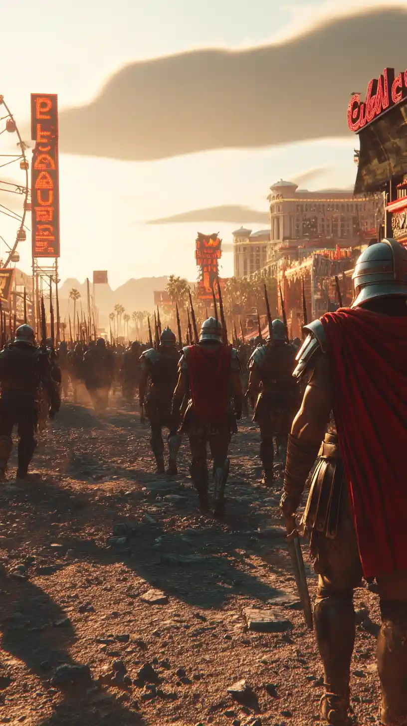 Roman legion marching through ruined Las Vegas at dusk