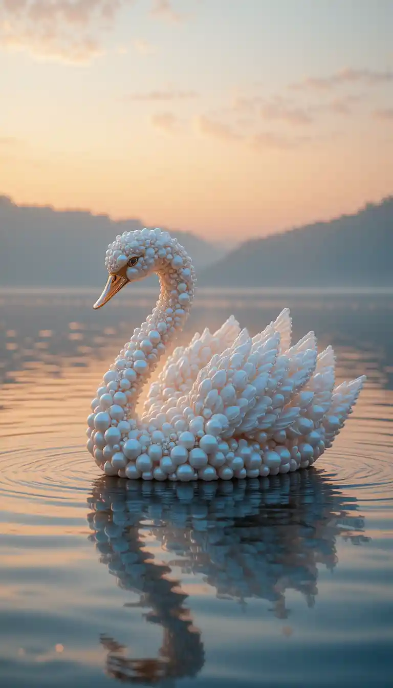 Cisne de perlas deslizándose sobre agua quieta y reflejante al amanecer