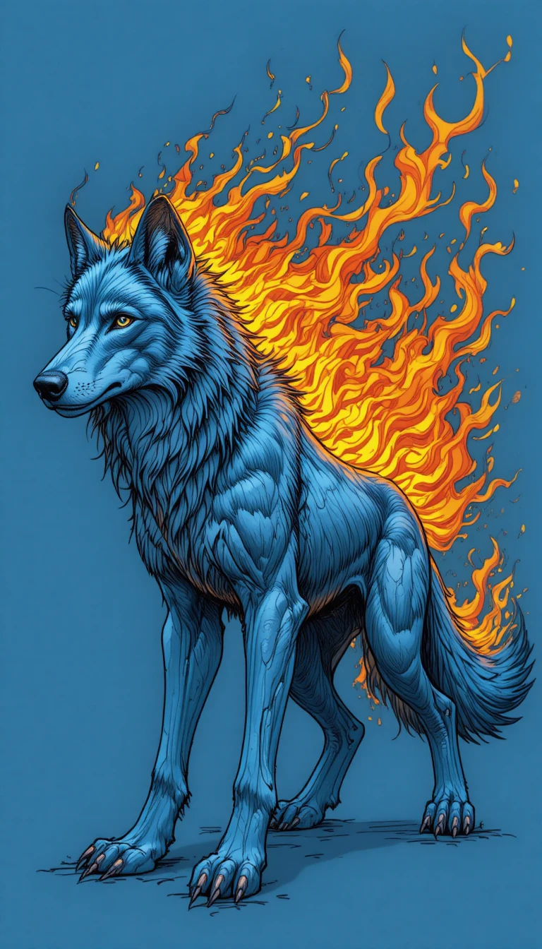Blue wolf wreathed in blazing orange and yellow flames