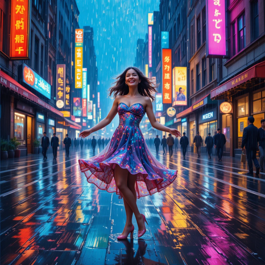 Woman dancing in neon lit rain on a city street
