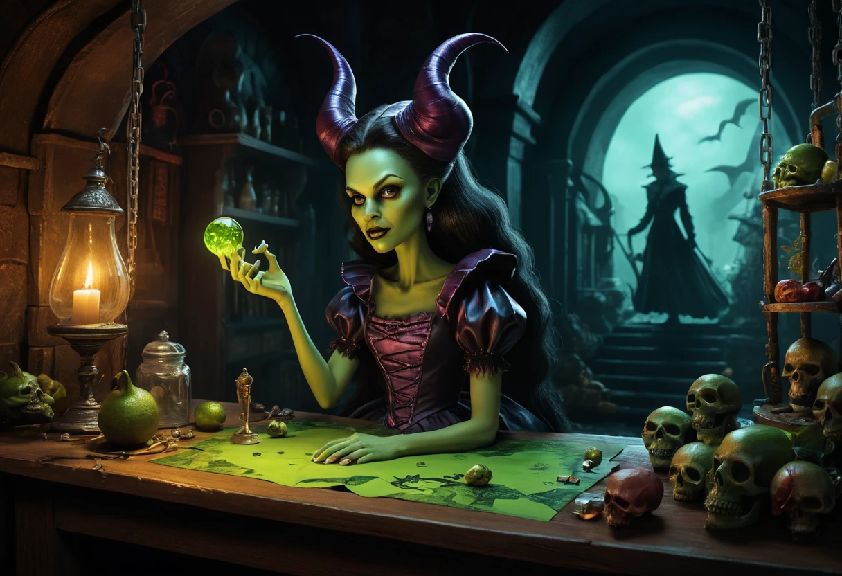 Whimsical wicked lady in a surreal hellish comic scene
