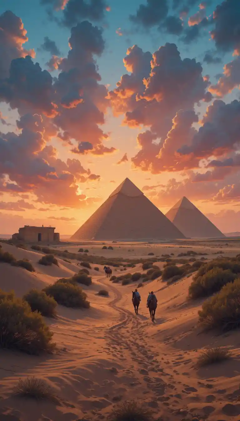 Ancient pyramids glowing at sunset in a desert landscape
