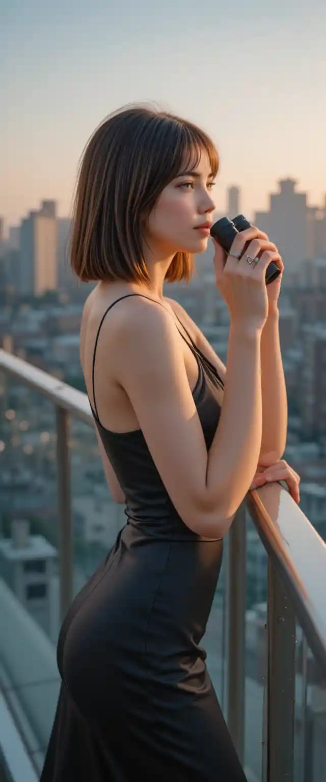 Woman with binoculars on city rooftop at sunset