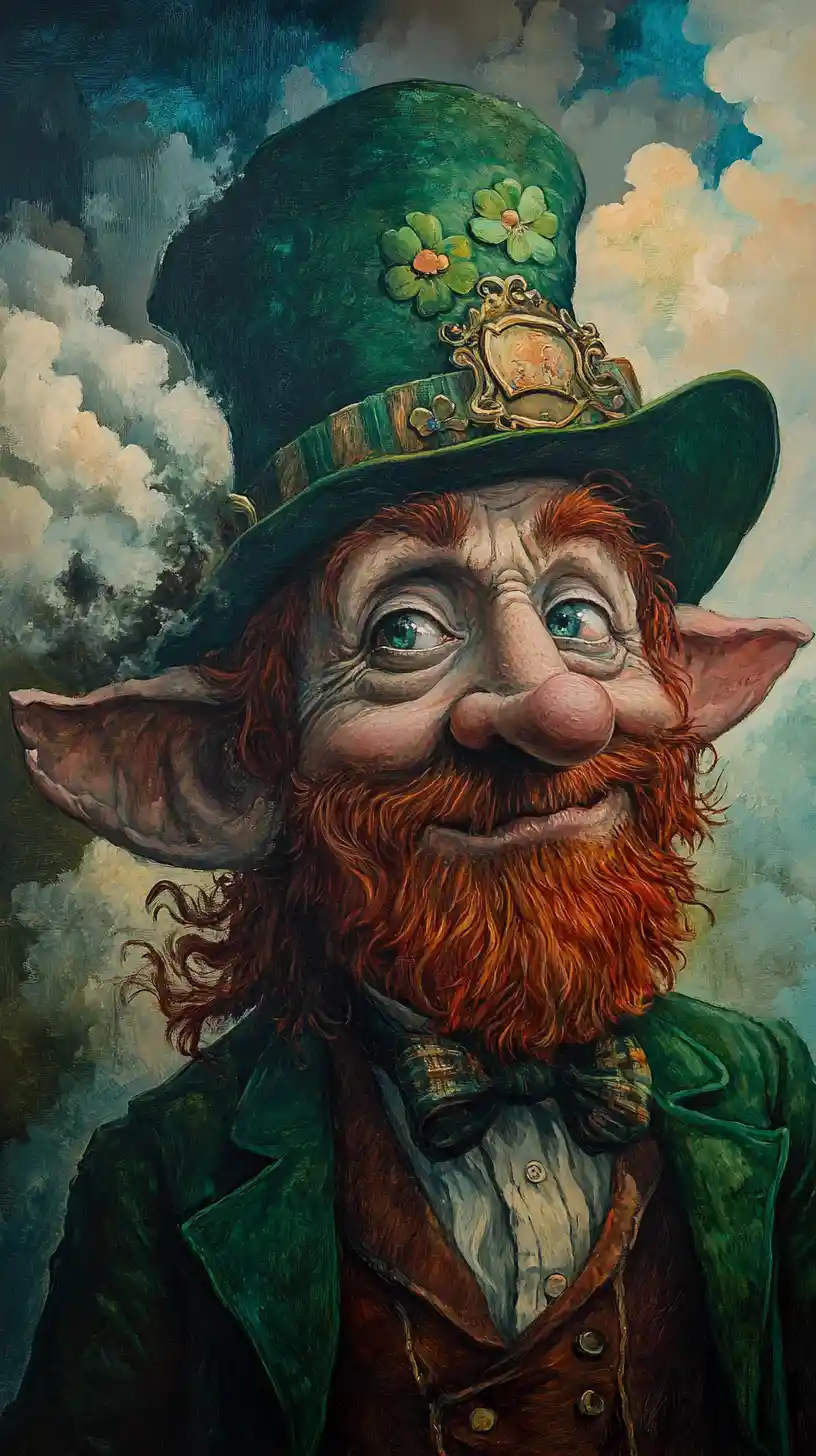Surreal portrait of a whimsical leprechaun in vivid colors