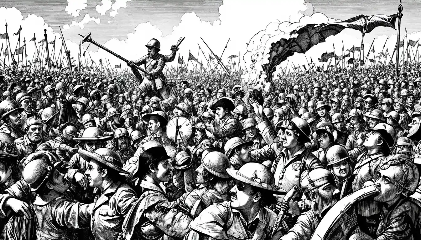 Chaotic black and white engraving of a battlefield crowd