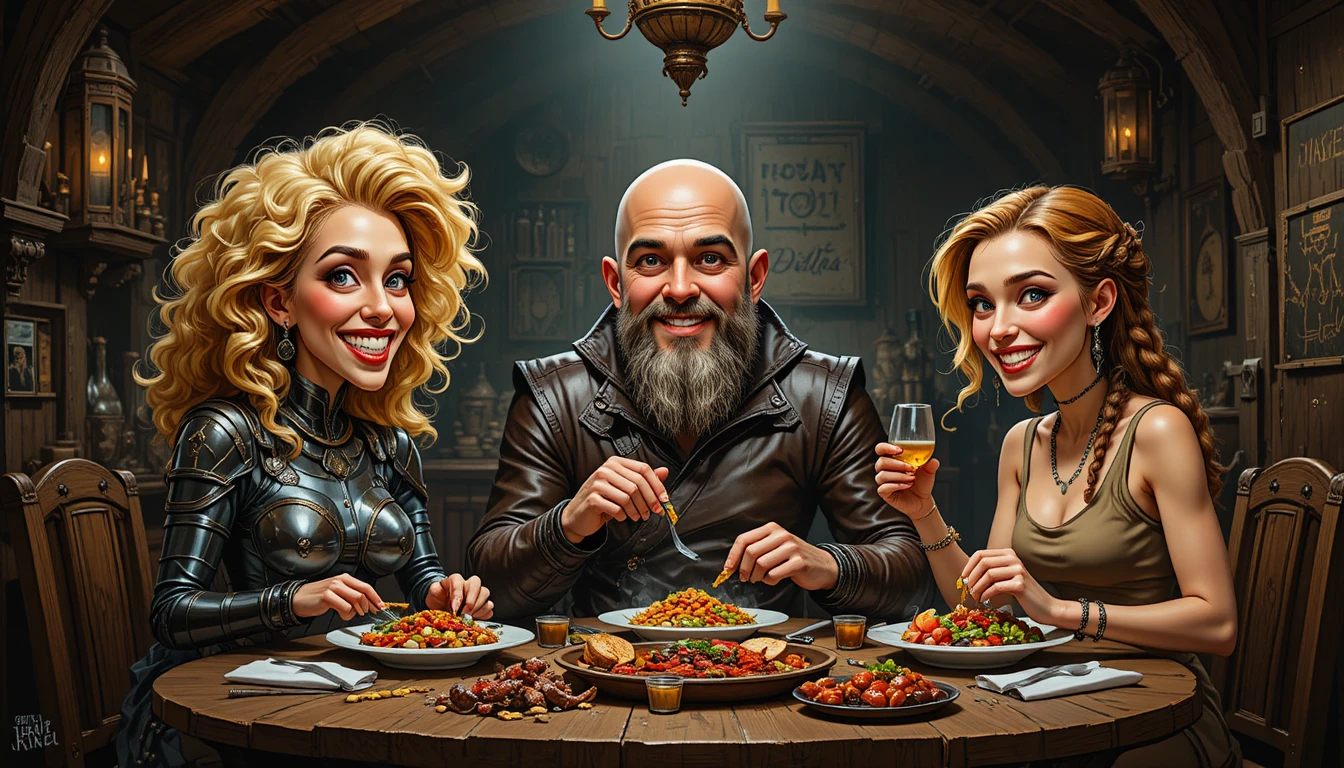 Tres amigos comiendo juntos en una taberna medieval tenue