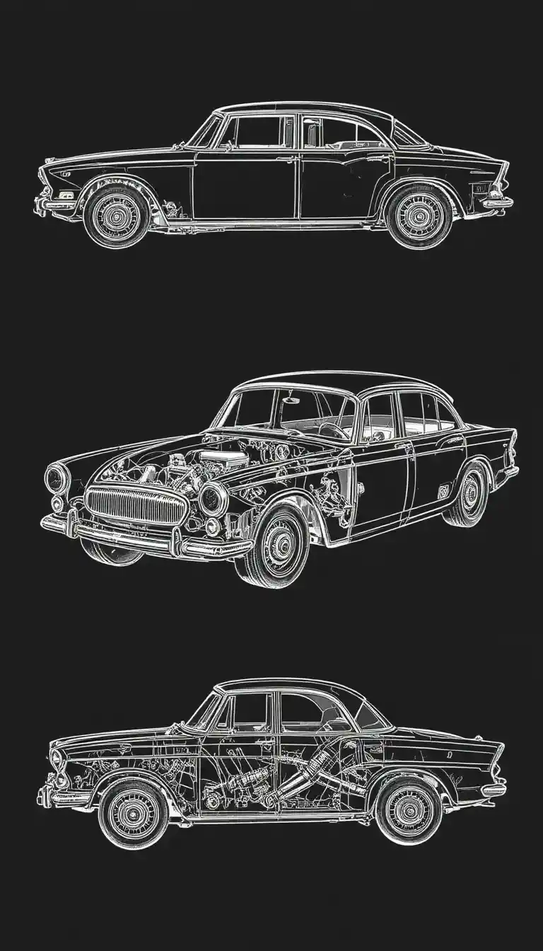 Technical drawing of a vintage car with multi angle views