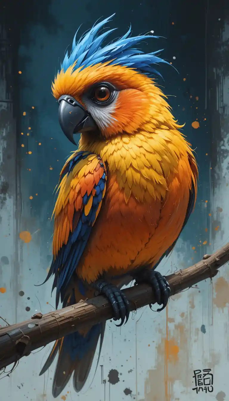 Colorful human like bird resting on a branch