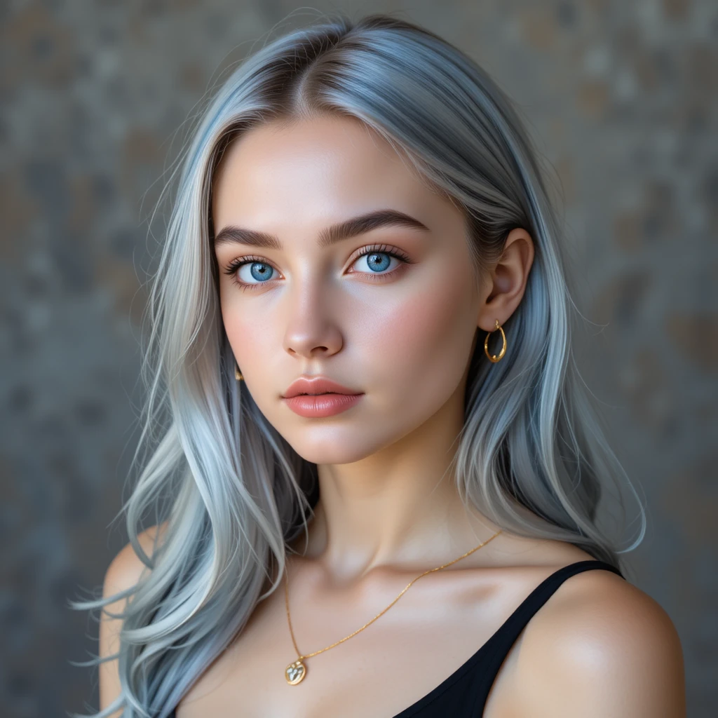 Elegantes Porträt einer jungen Frau mit silberblauen Haaren