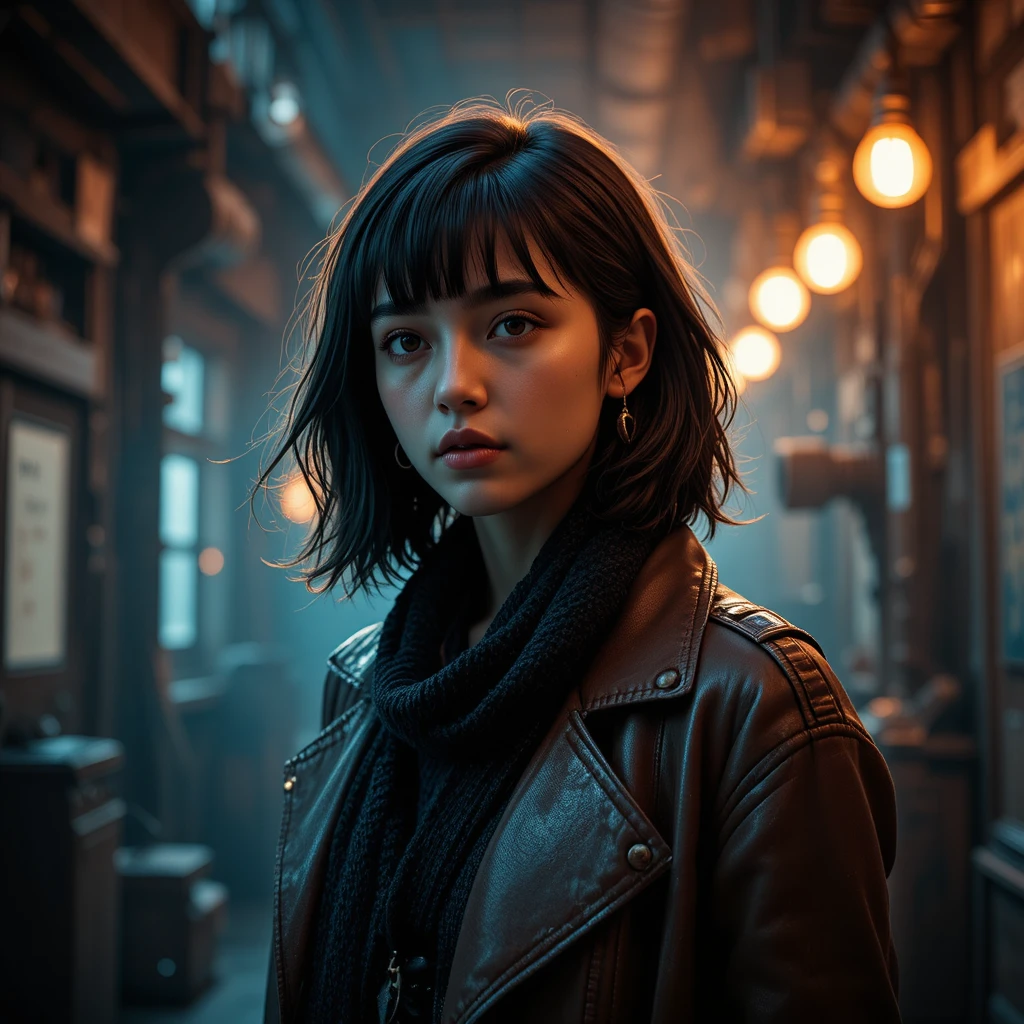 Cinematic portrait of a young woman in a leather jacket