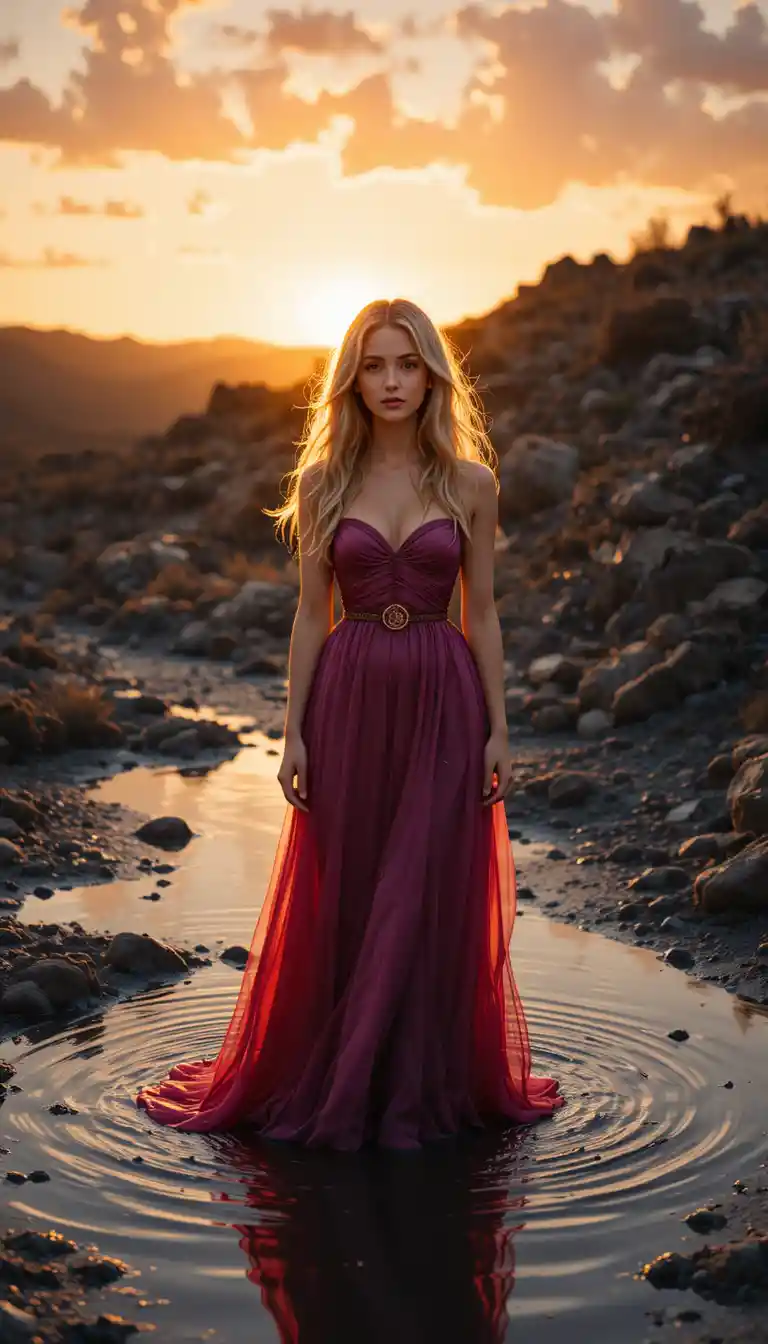 Junge Frau im fließenden Kleid steht in einer Pfütze im Sonnenuntergang