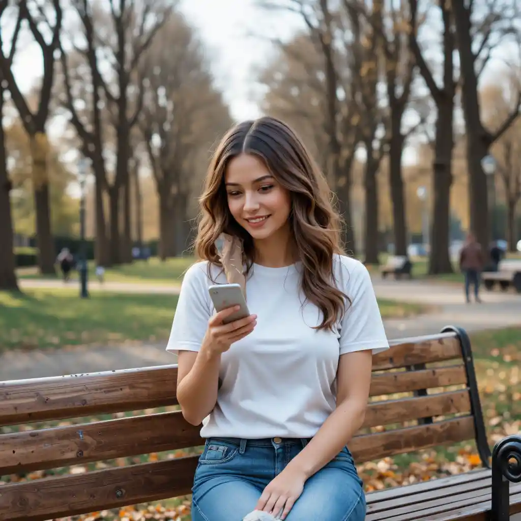Joven sentada en un banco del parque sonriendo a su teléfono