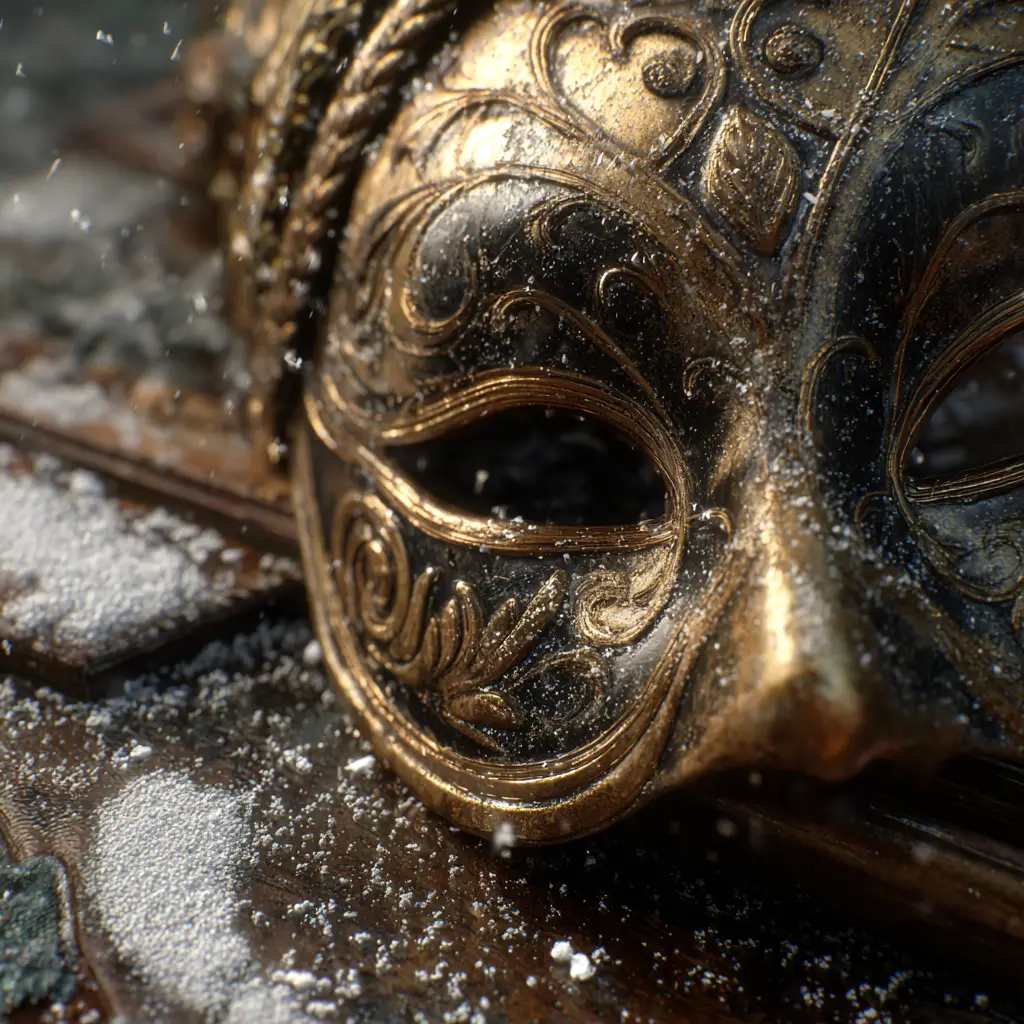 Maschera di Carnevale Veneziano su Ciottoli Bagnati sotto la Neve
