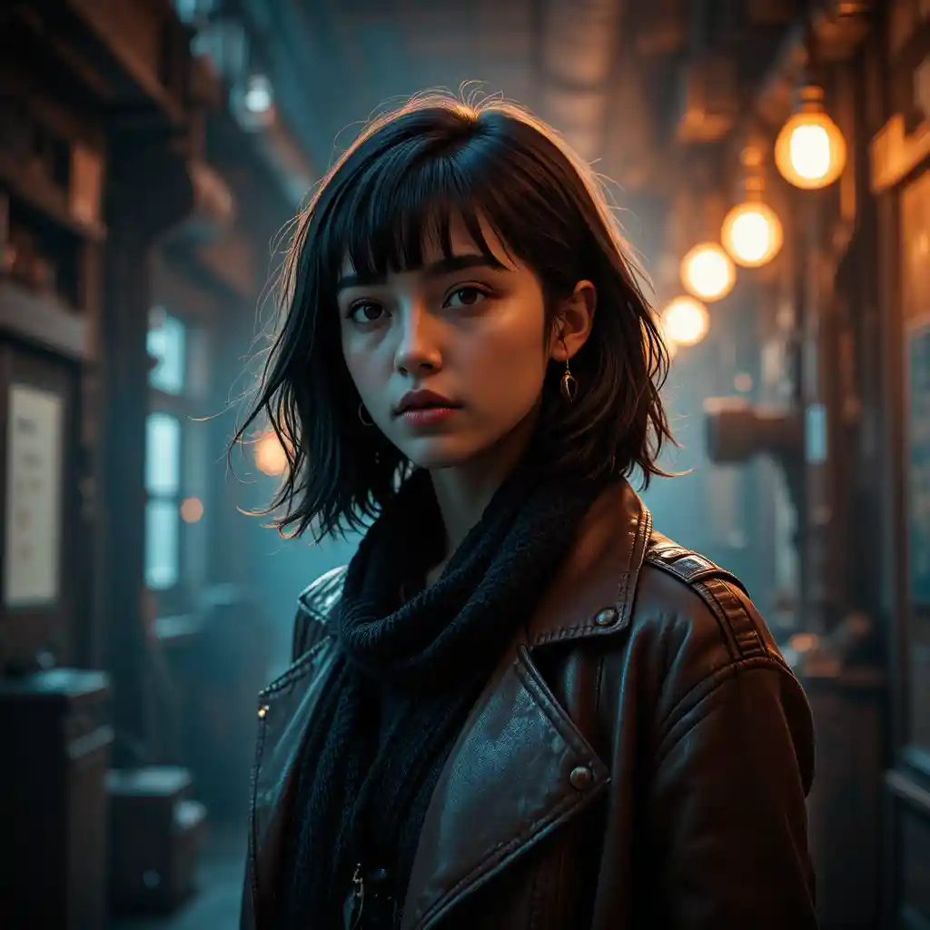 Cinematic portrait of a young woman in a leather jacket