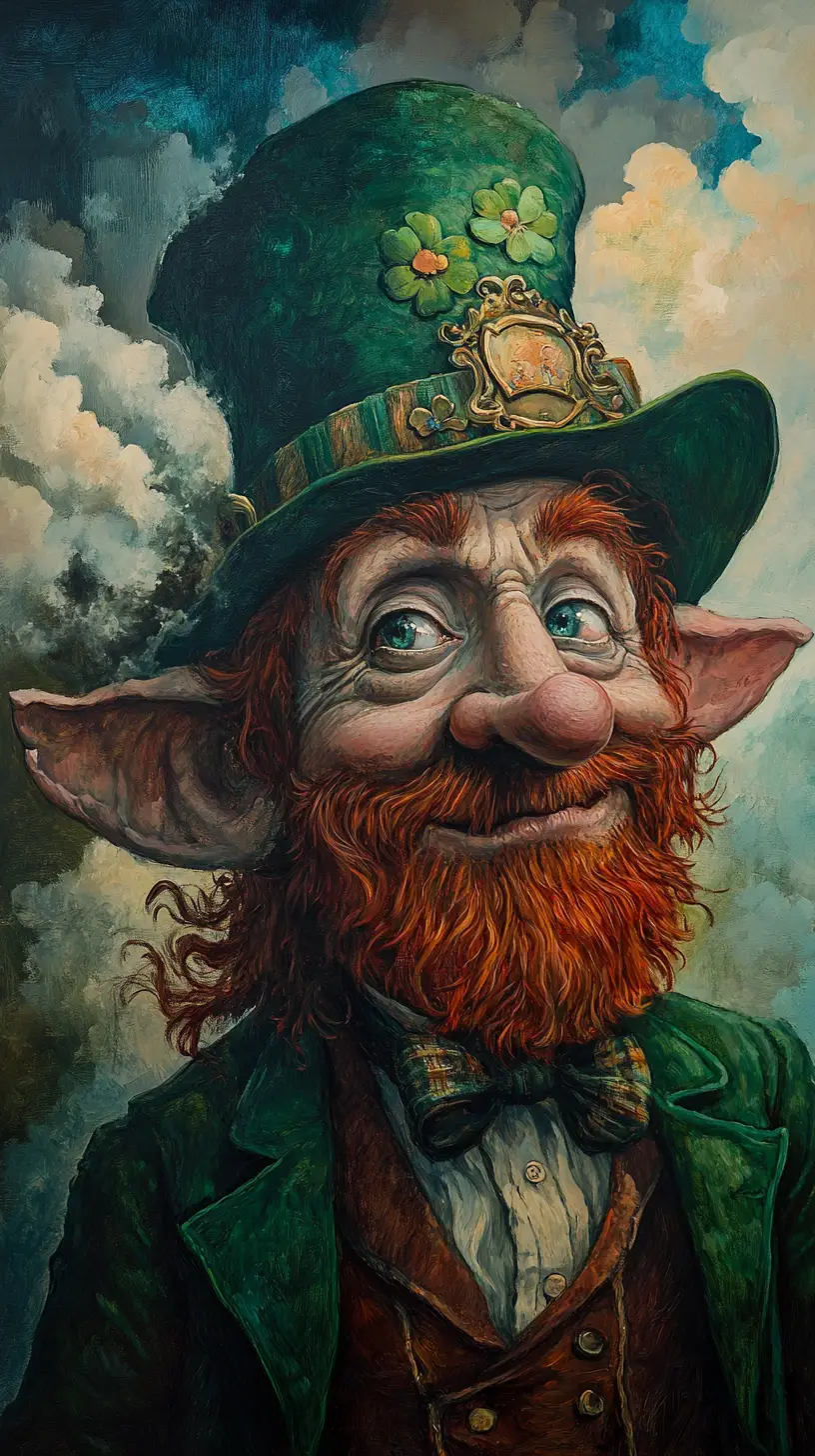 Surreal portrait of a whimsical leprechaun in vivid colors