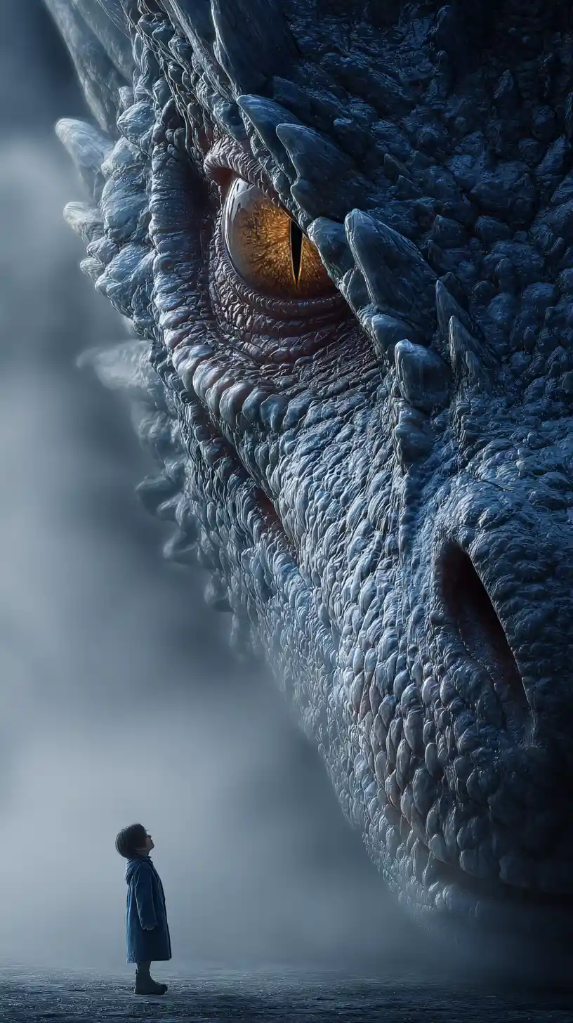 Massive ancient dragon facing a small young boy