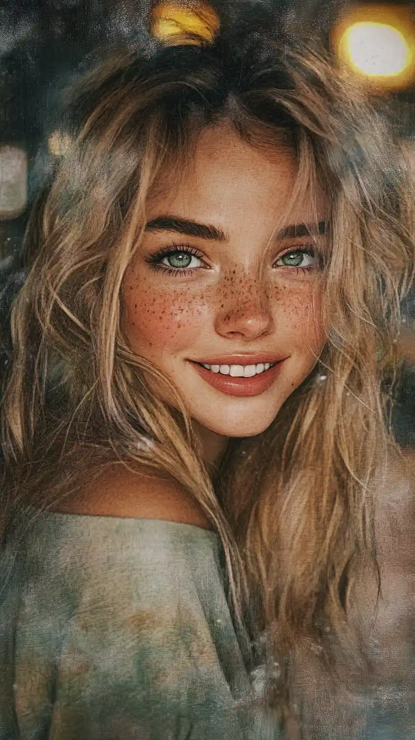 Smiling freckled girl at a rainy urban bus stop