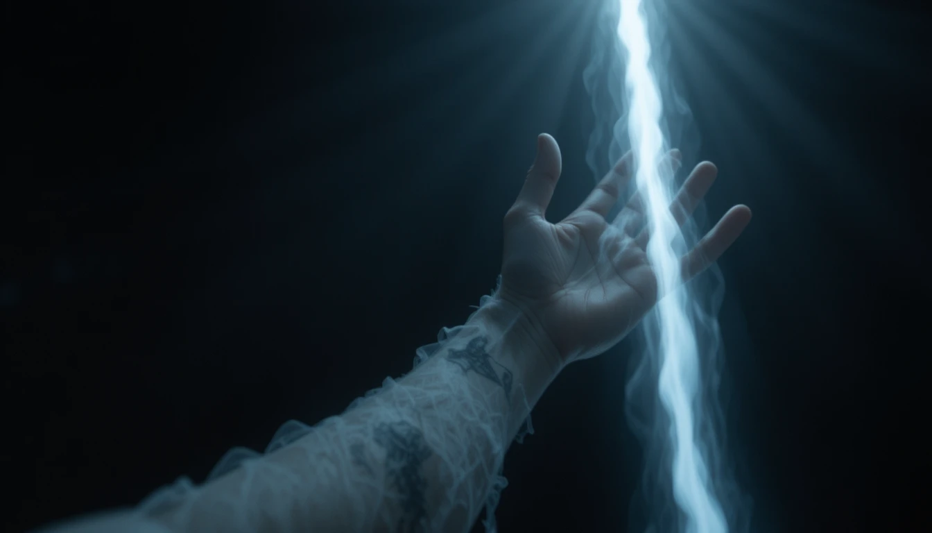 Pale hand reaching into darkness under a narrow beam of light