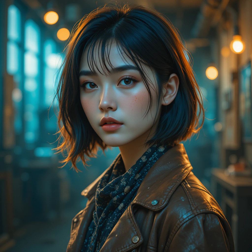 Cinematic portrait of a young woman in a leather jacket