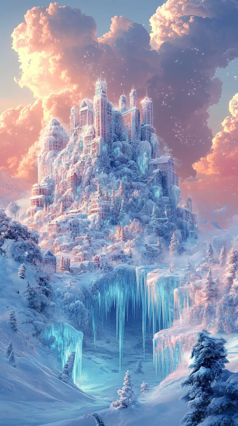 Dreamlike Frozen Suburban Town Under Soft Winter Sun
