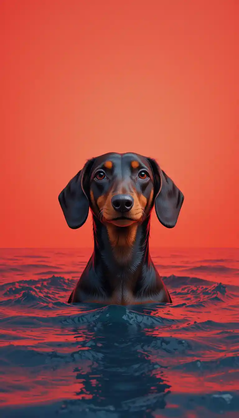 Dachshund Head Above Calm Water On Red Background