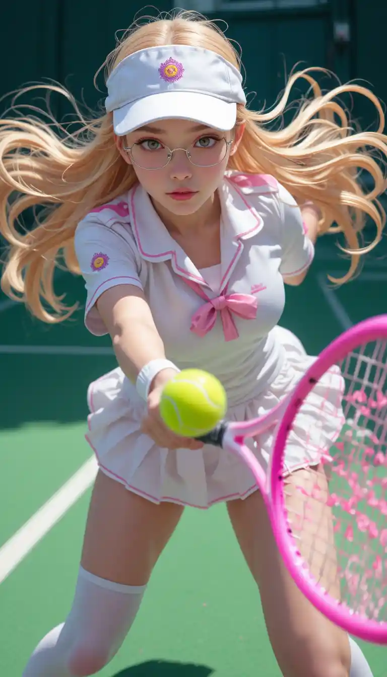 Ragazza del tennis in stile anime in azione dinamica in primo piano da angolazione alta