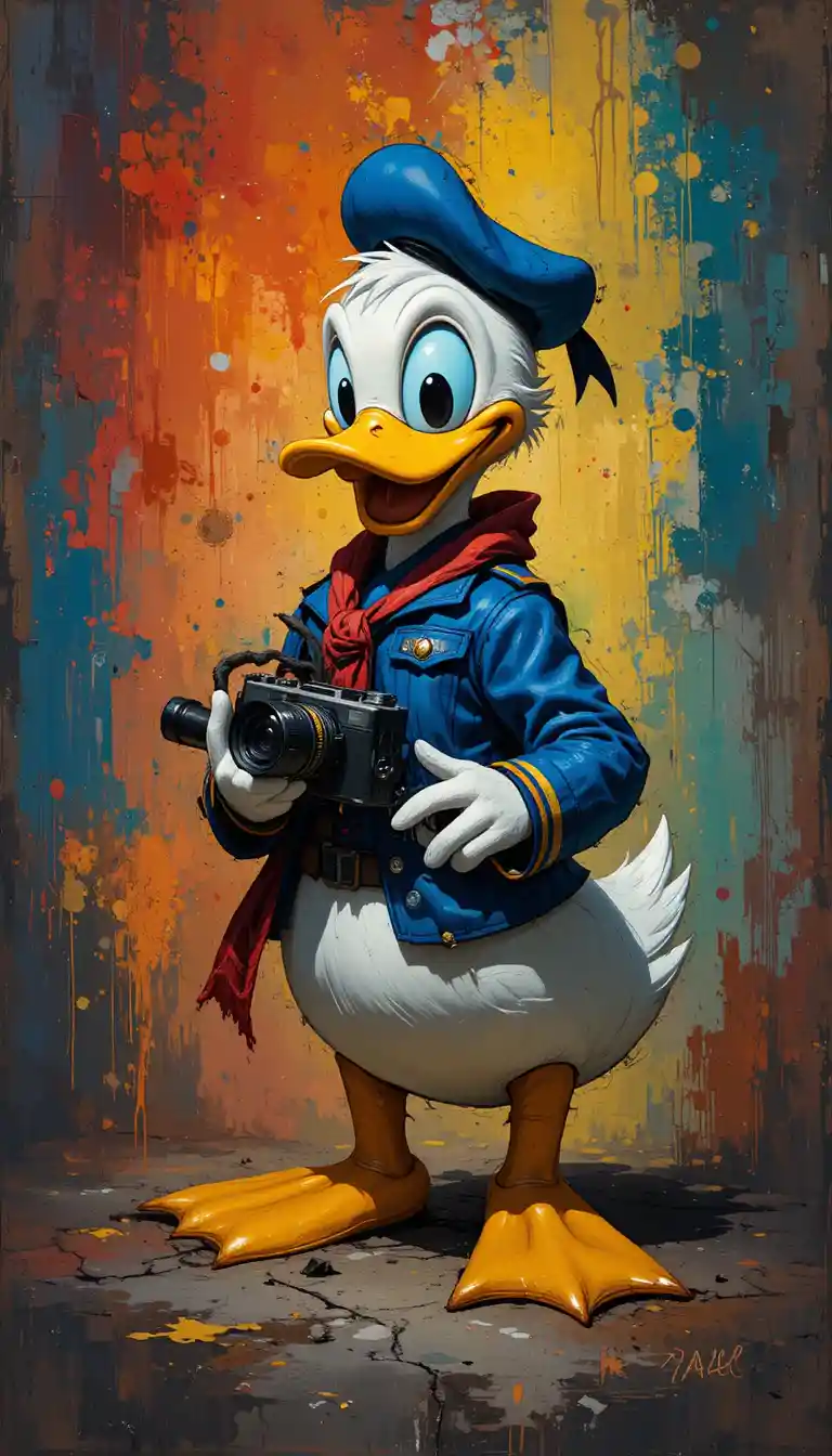 Cartoon duck with camera in bold abstract colors