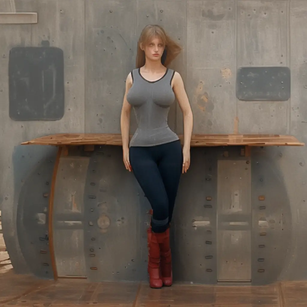 Worried red haired woman in red pants leaning on a table
