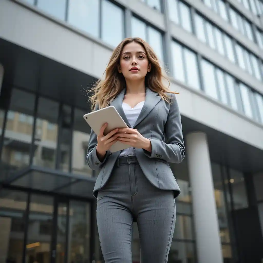 Confident business woman with tablet before modern office