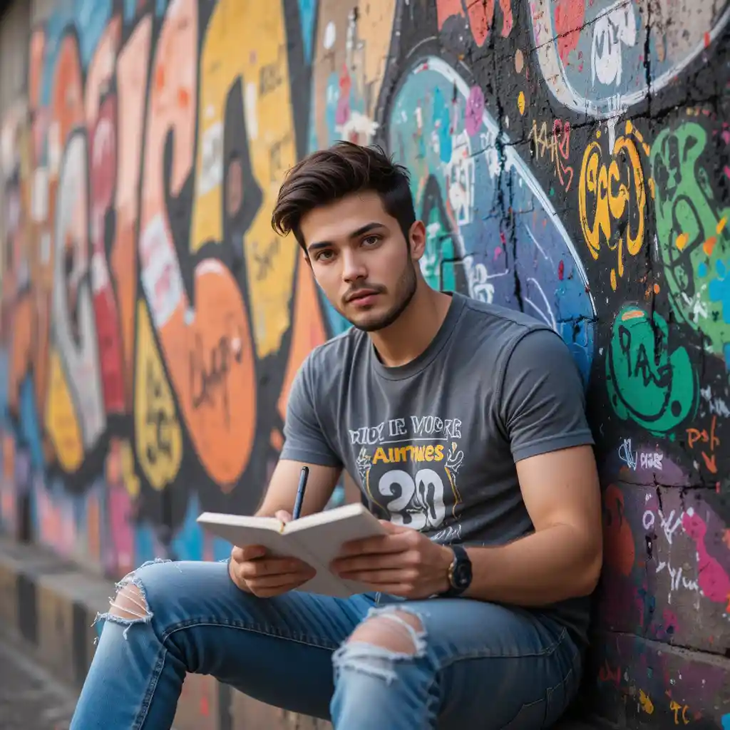 Giovane che schizza idee accanto a un colorato muro di graffiti