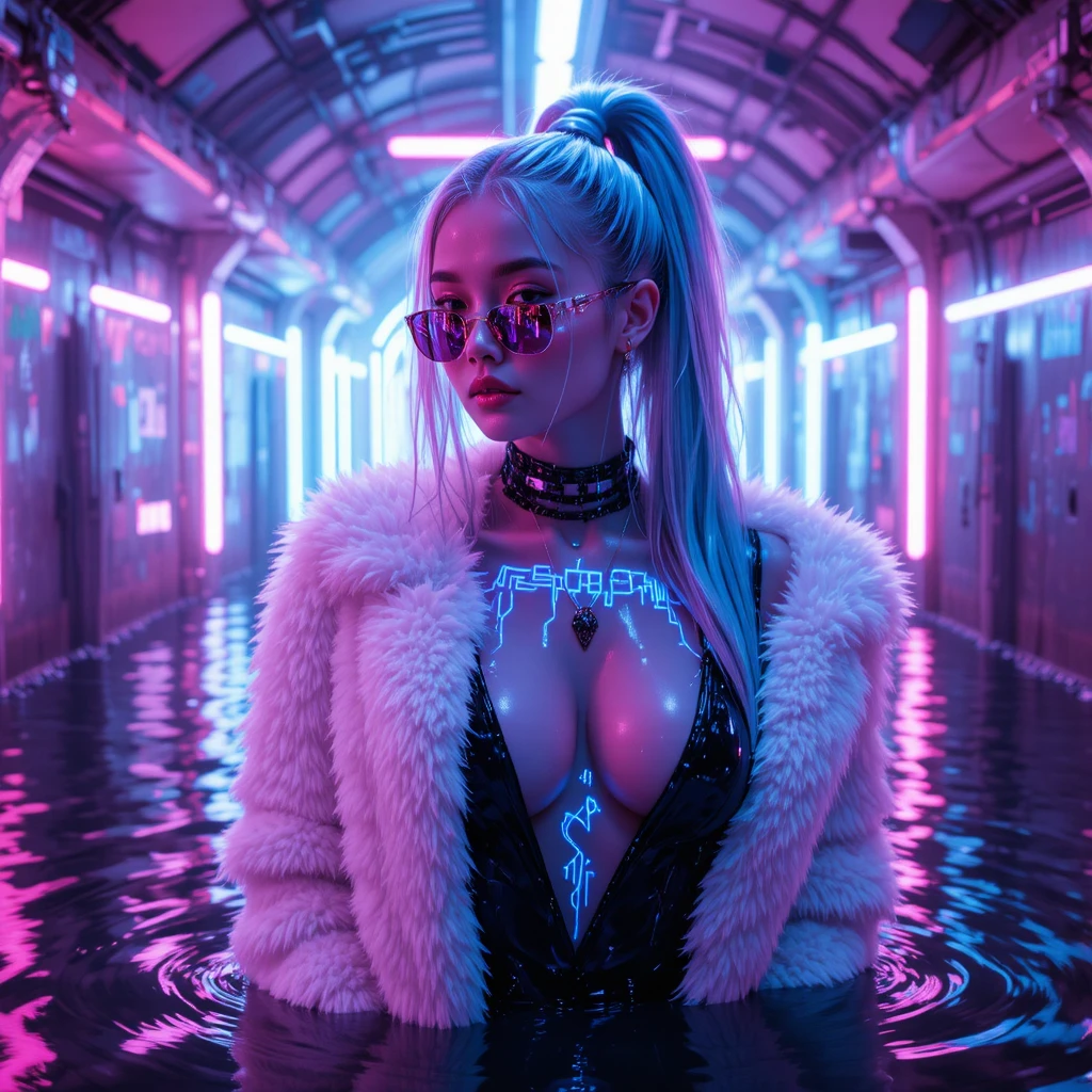 Cyberpunk woman in neon flooded underground tunnel portrait