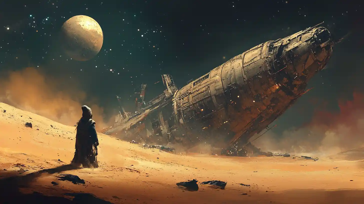 Lone gnome facing a colossal spaceship in alien desert night
