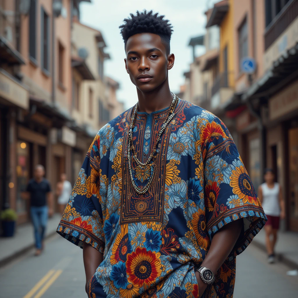 Confident young man in modern boubou on urban street