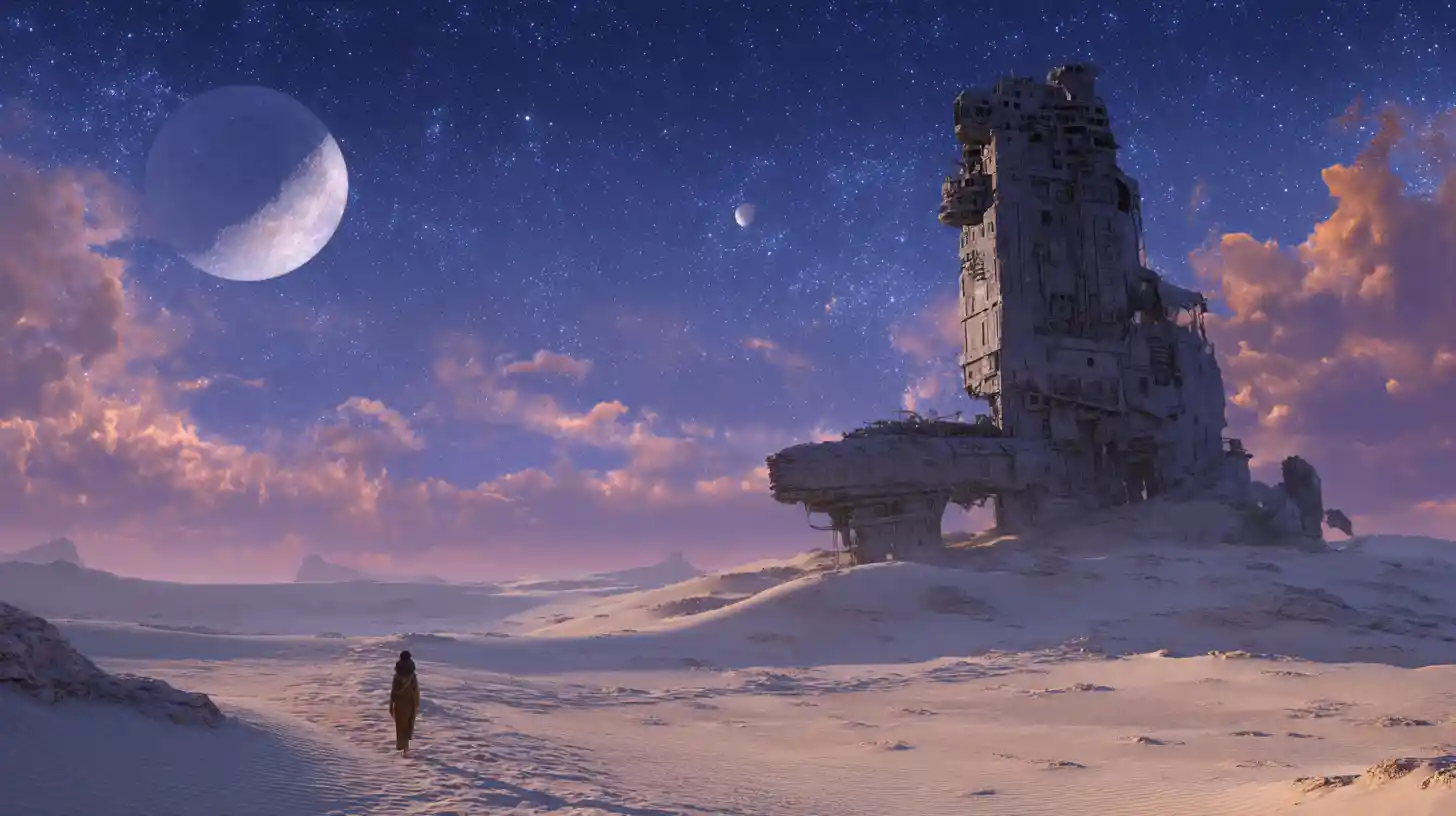 Gnome Watching Derelict Spaceship In Alien Desert Night