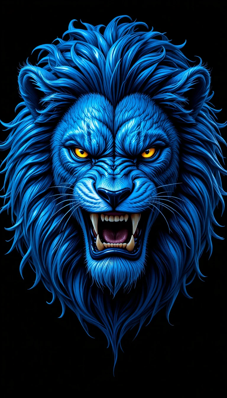Retrato de león azul con melena brillante sobre fondo negro