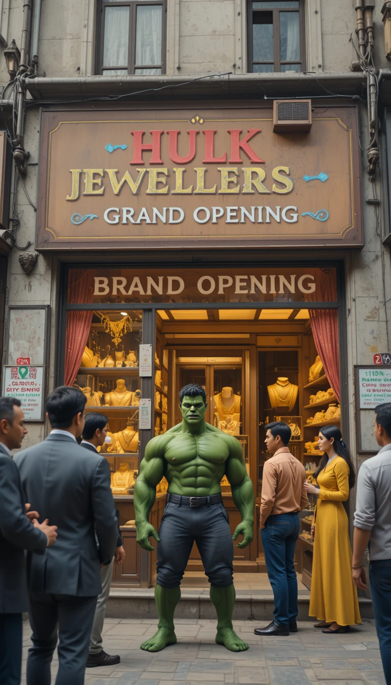 Superhero Opening A Bright City Jewelry Store In Morning