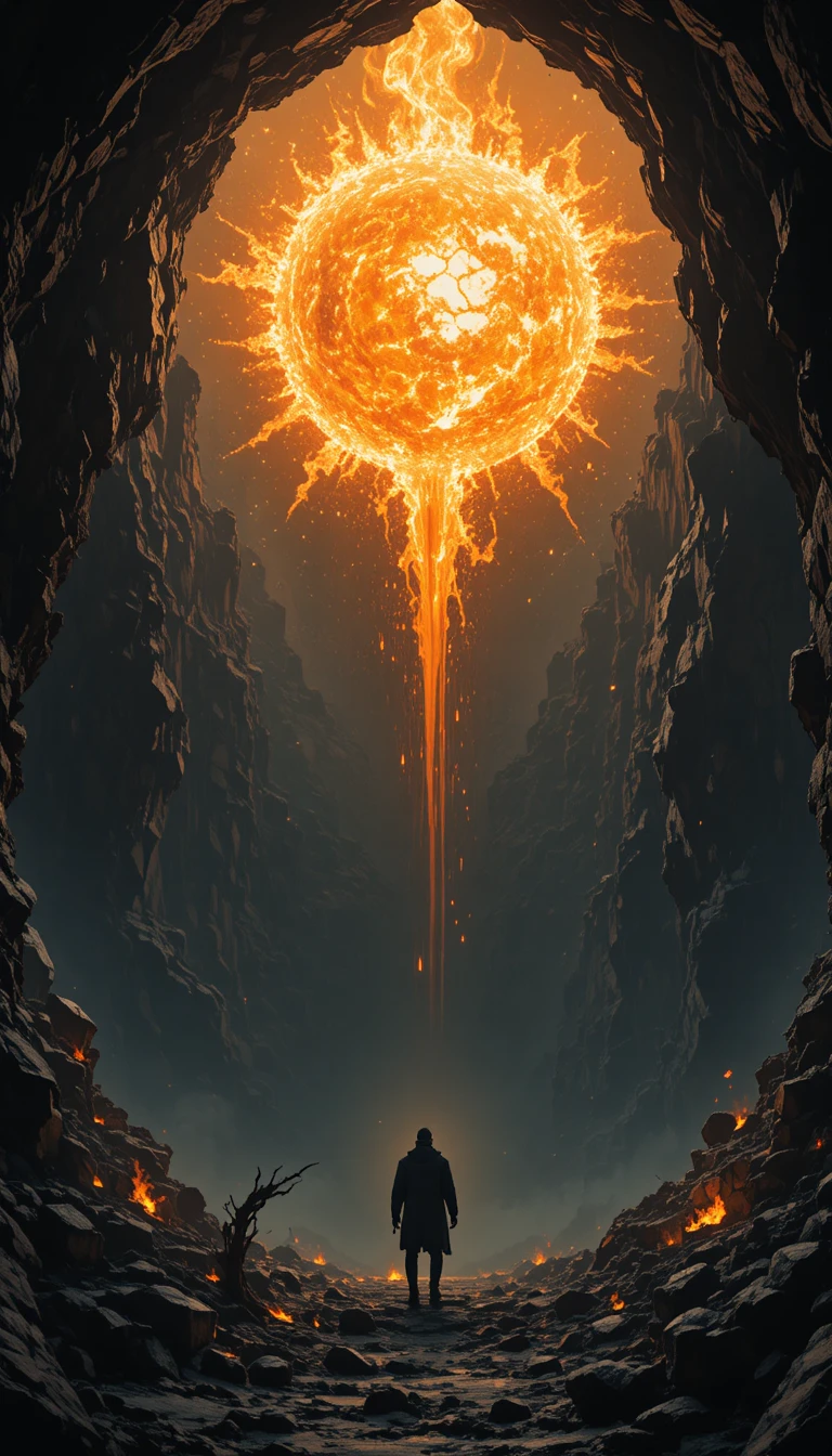 Man watching a fiery glowing orb inside rocky cave