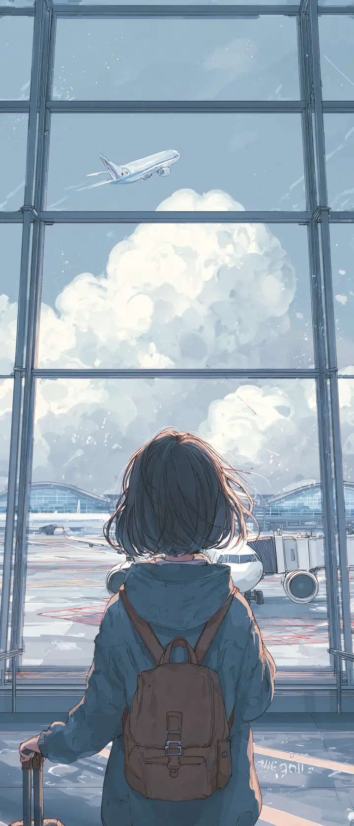Anime girl saying goodbye at quiet airport gate