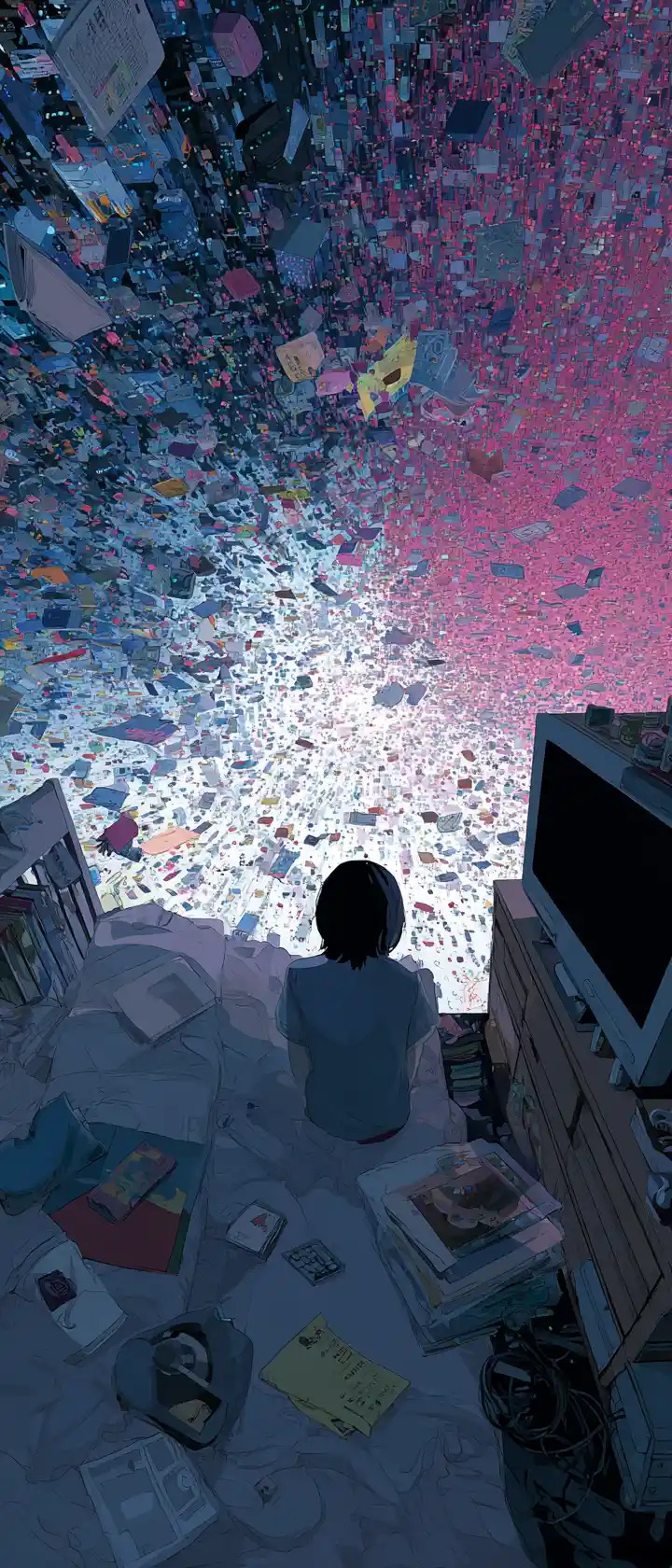 Lonely teen in bedroom beneath soaring digital cityscape