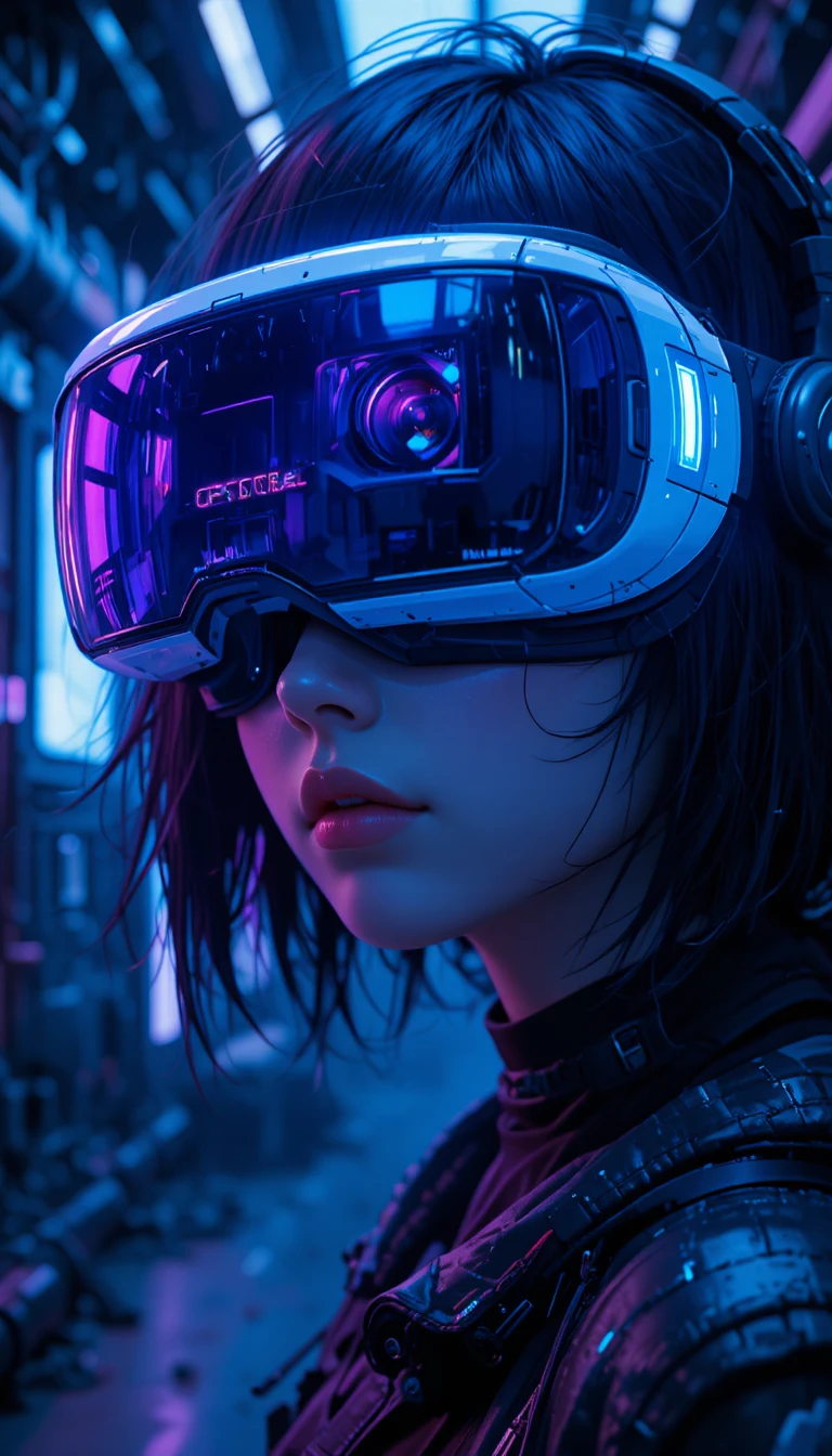 Cyberpunk anime girl with neon visor in dark room