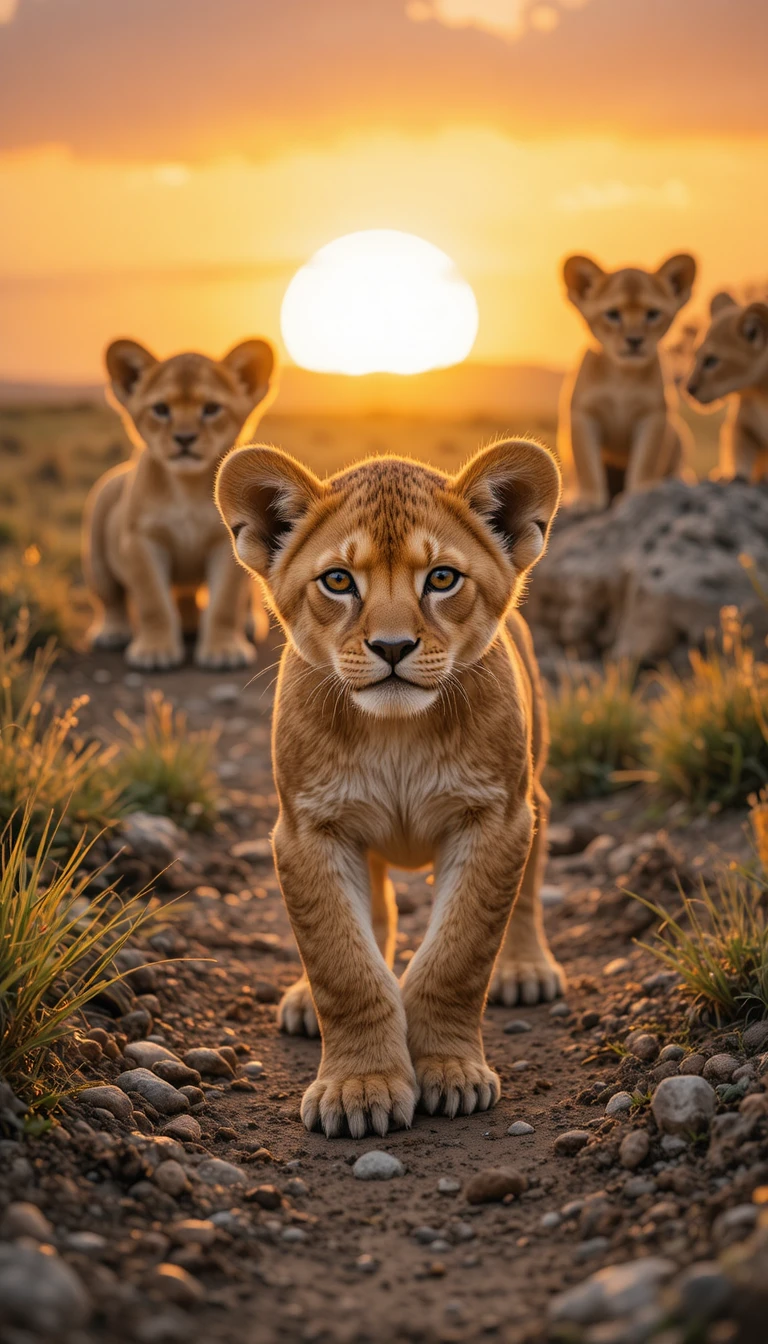Young lion cub walking at sunset on rocky savannah