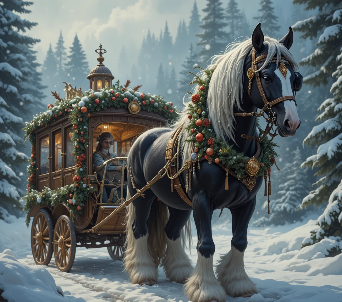 Festive Draft Horse Pulling Carriage In Snowy Winter Forest