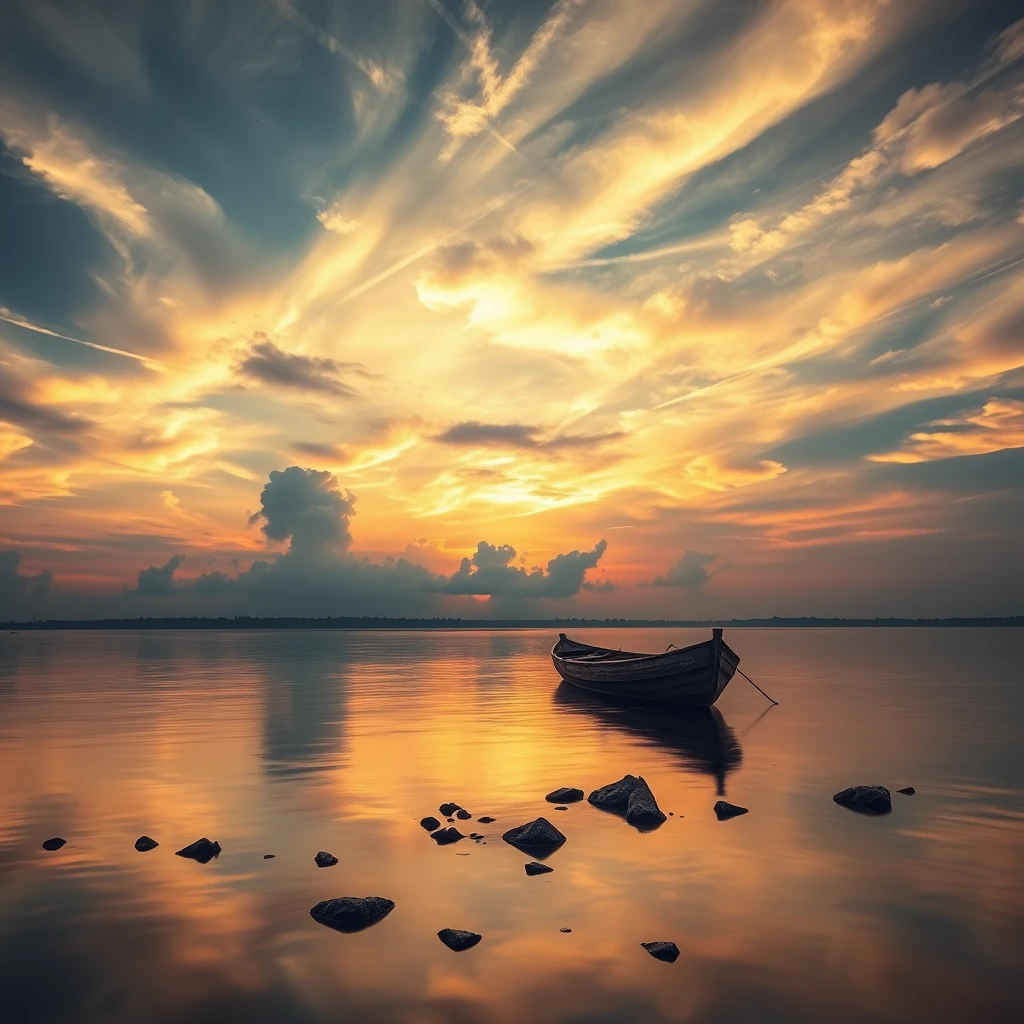 Wooden Boat On Calm River At Golden Sunset