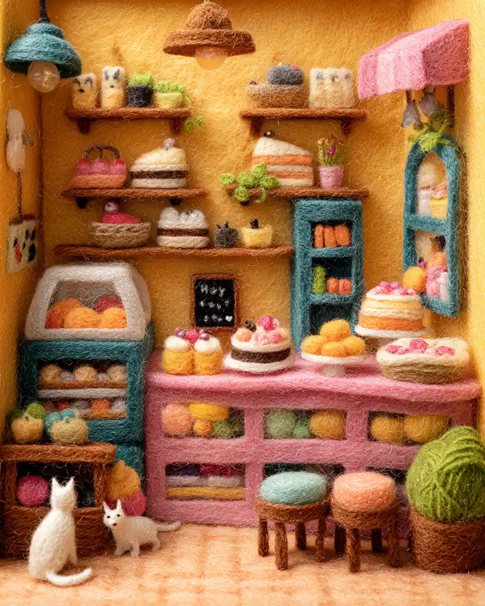Cozy felt cake shop interior with hidden wool cats