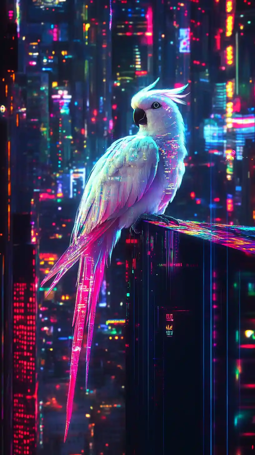Futuristic neon parrot on a rooftop in glowing city