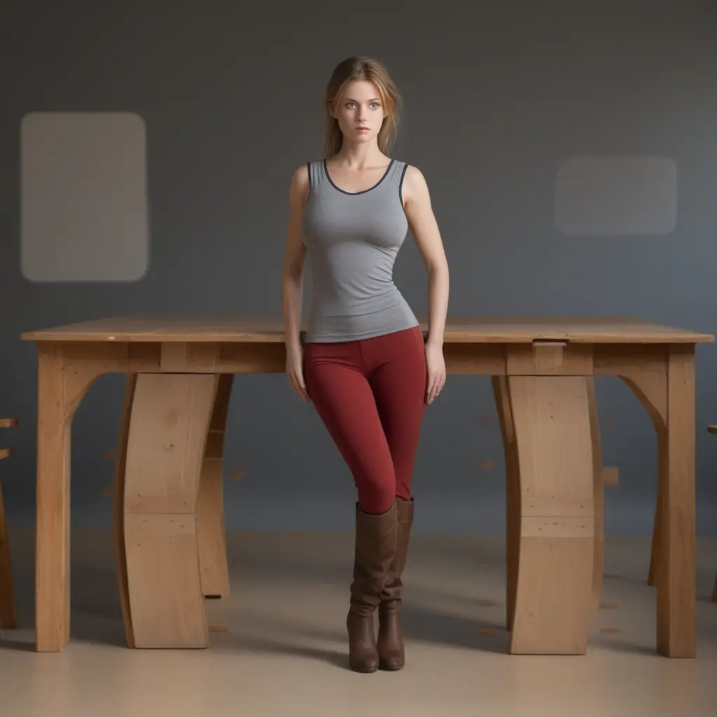 Worried red haired woman in red pants leaning on a table